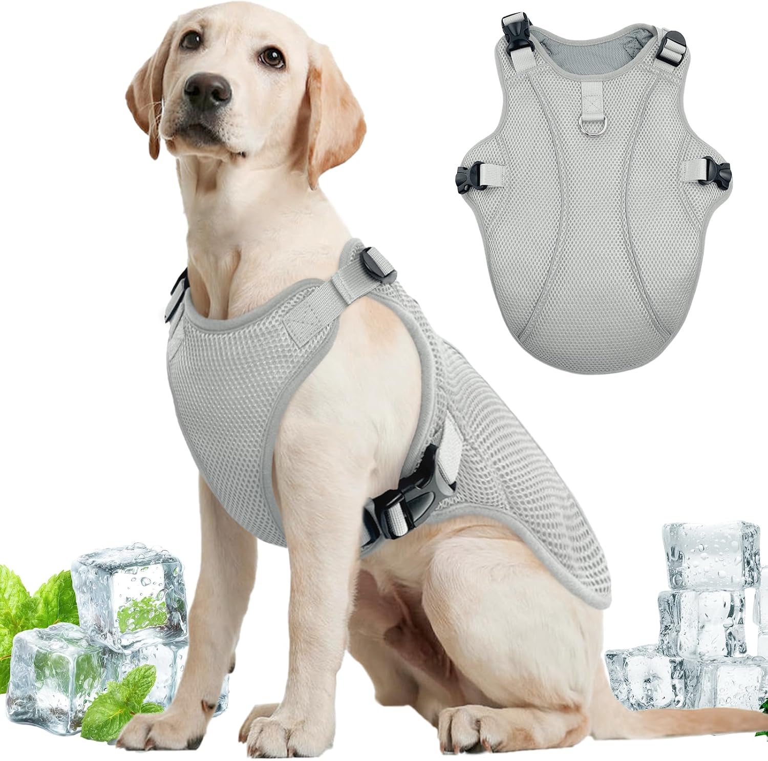Kuoser Dog Cooling Vest for Large Dogs with UV Protection | Lightweight Cooling Jacket, Breathable Mesh Cooling Shirt, Reflective Harness for Beach, Hiking, Walking, Gray XL