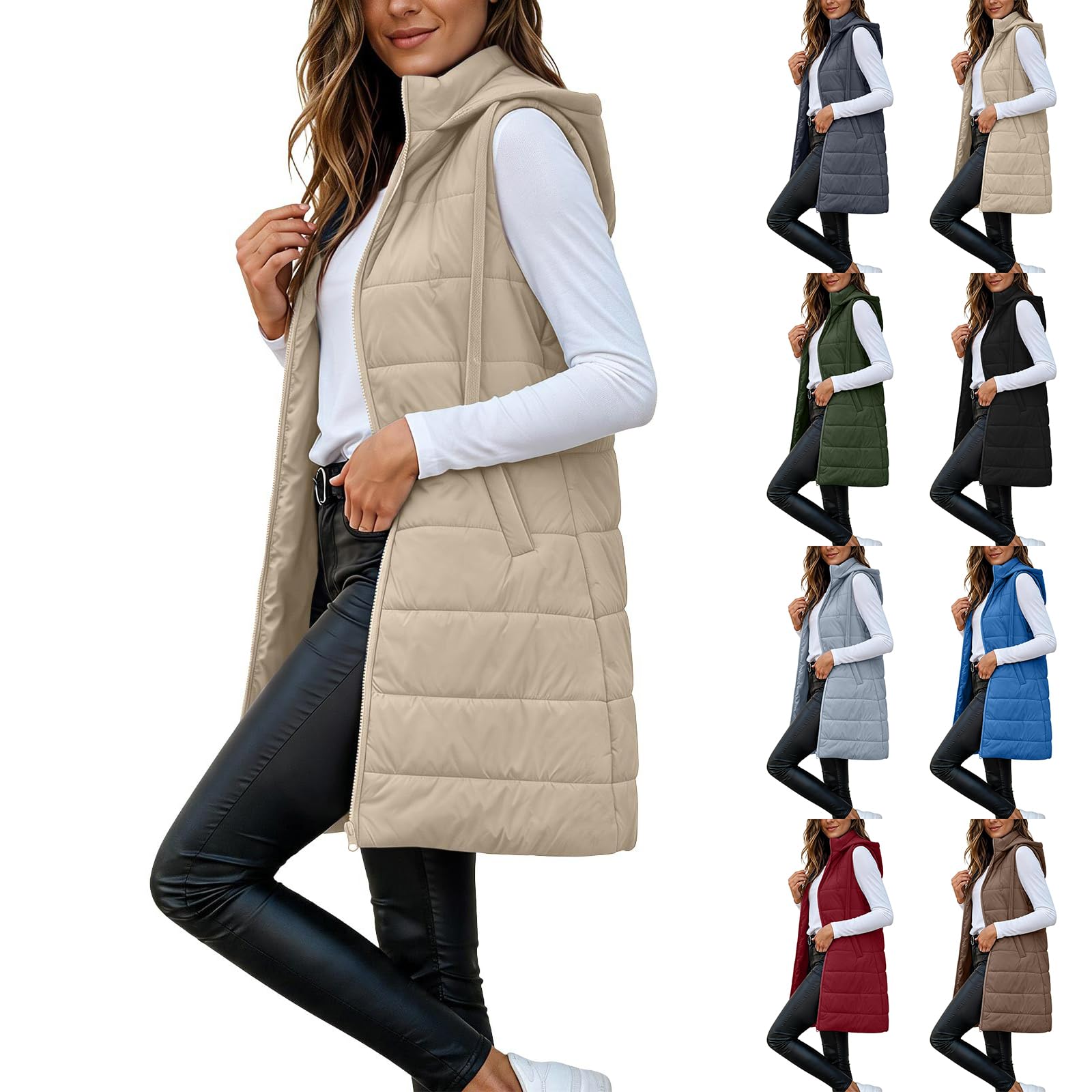 Womens Long Puffer Vest Sleeveless Hooded Zip Up Winter Quilted Vests