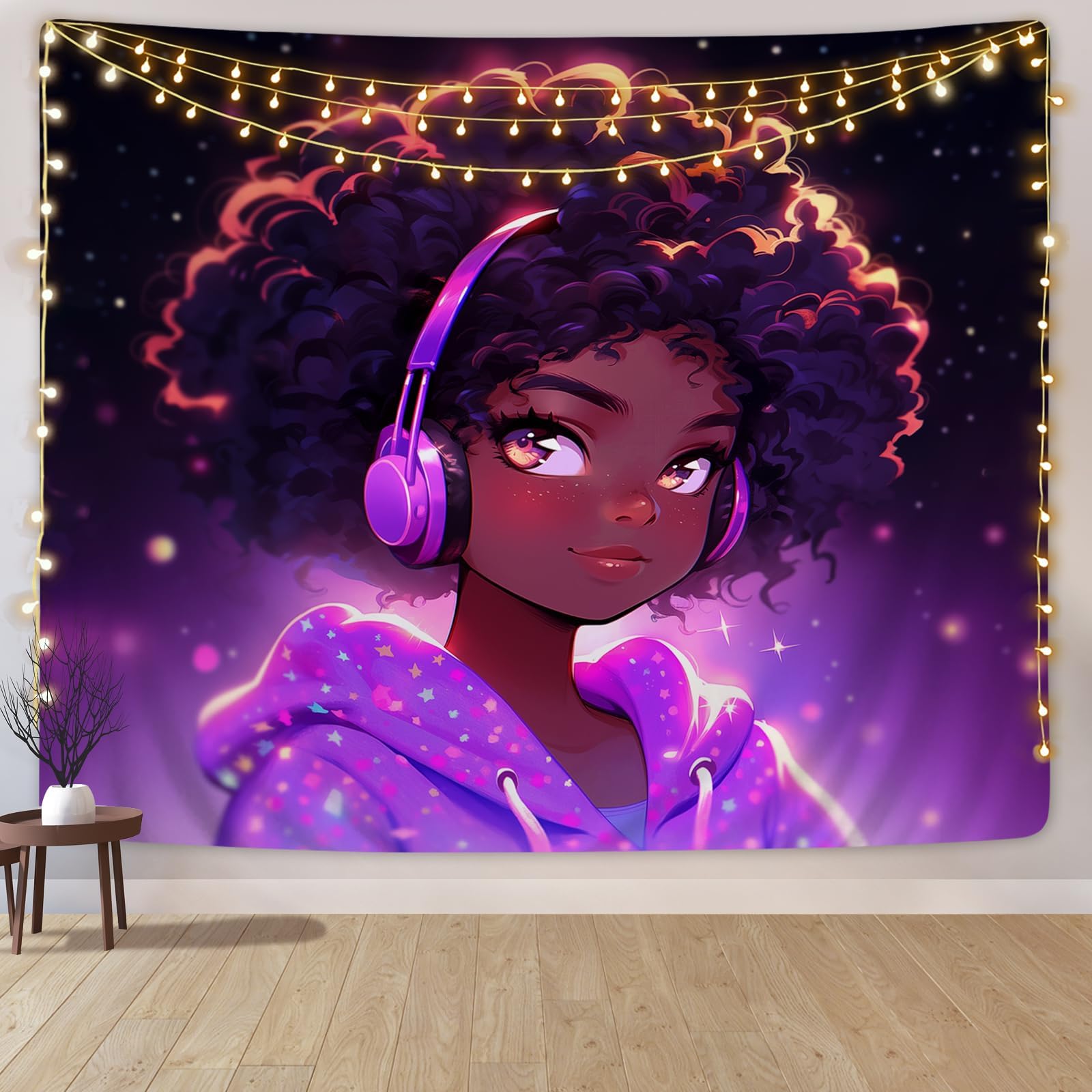 SARA NELL Tapestry Black Girl African American Girl Love Music Tapestries Hippie Art Wall Hanging Throw Tablecloth 50X60 Inches for Bedroom Living Room Dorm Room