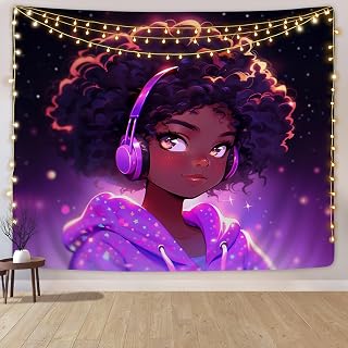 SARA NELL Tapestry Black Girl African American Girl Love Music Tapestries Hippie Art Wall Hanging Throw Tablecloth 50X60 Inches for Bedroom Living Room Dorm Room