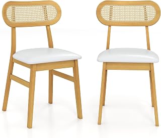 HOMASIS Juego de 2 Sillas de Comedor Acolchadas, Sillas de Cocina con Respaldo de Ratán, Silla Tapizada de Piel Sintética, Patas de Madera Maciza, Soporta 180 kg (Blanco)