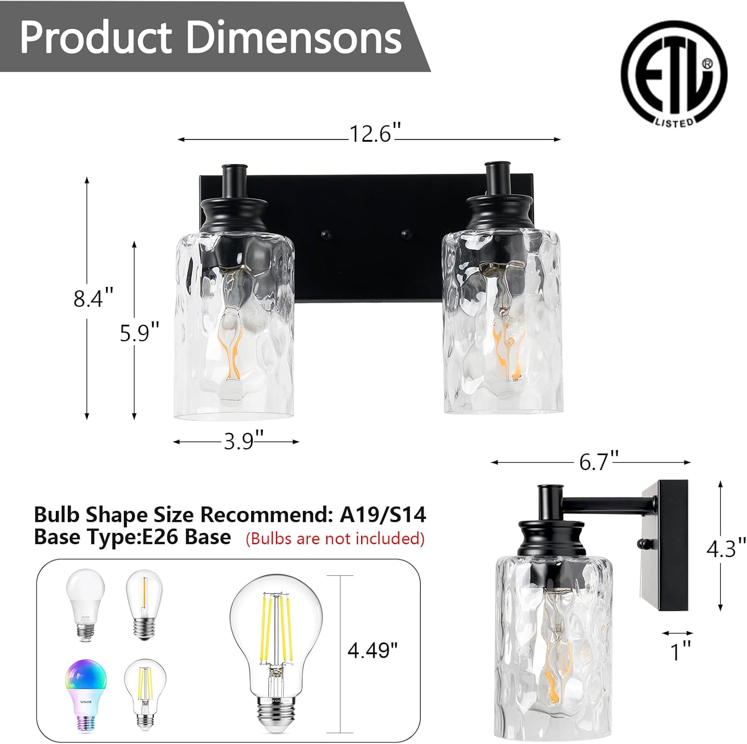 2 Light Bathroom Vanity Light Modern Black Bathroom Light Fixtures Over Mirror with Hammered Glass Lampshade for Kitchen Hallway