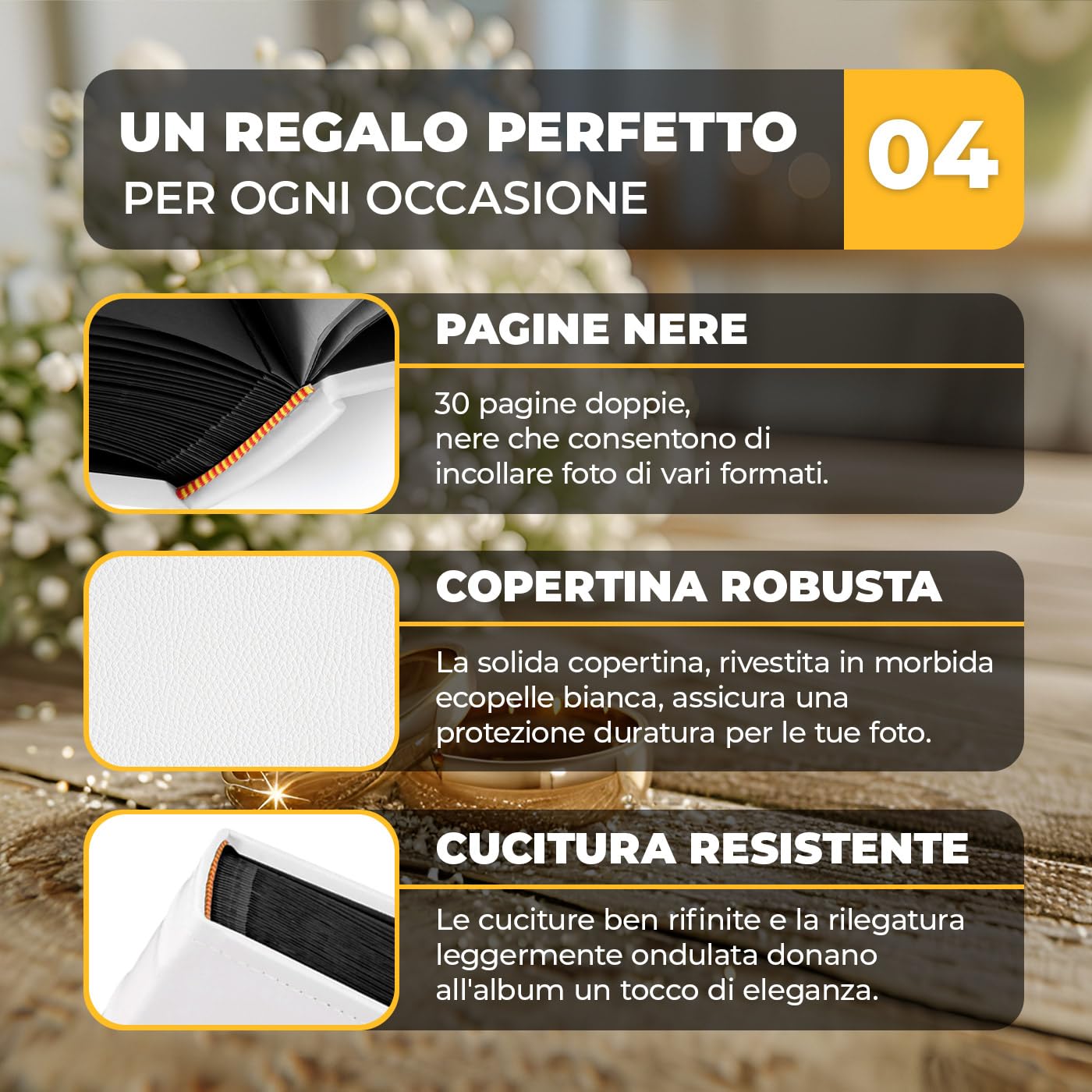 Maverton Album Fotografico, Copertina in Pelle Sintetica Bianca | Personalizzata con Stampa, 60 pagine nere, 240 foto 10x15 cm, regalo per gli sposi, Ballo