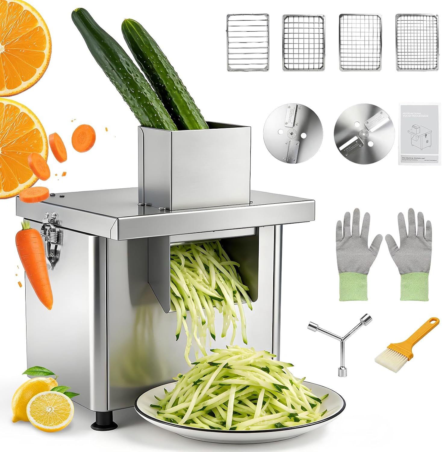 4 in 1 Commercial Vegetable Chopper Adjustable Thickness Multifunctional Automatic Dicer Slicer Shredder Strip Cutter for Cabbage, Potatoes, Veggie & Fruit Processor with Multi Blades 300W 110V
