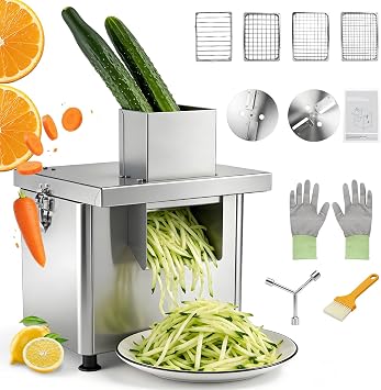 4 in 1 Commercial Vegetable Chopper Adjustable Thickness Multifunctional Automatic Dicer Slicer Shredder Strip Cutter for Cabbage, Potatoes, Veggie & Fruit Processor with Multi Blades 300W 110V