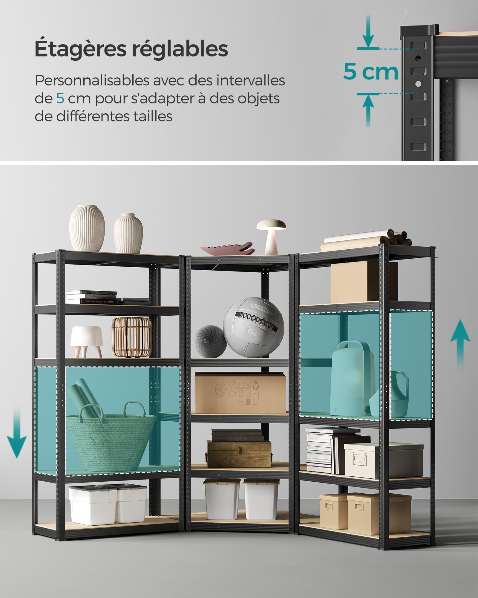 SONGMICS Ensemble d’Étagères d’Angle à 5 Niveaux, Étagères de Rangement en Acier, Charge Lourde, Garage, Entrepôt, Capacité de Charge 2625 kg, Noir d'encre et Beige Naturel GLR070B03 | Étagère de rangement pour garage, salle de rangement, cave GLR070B03