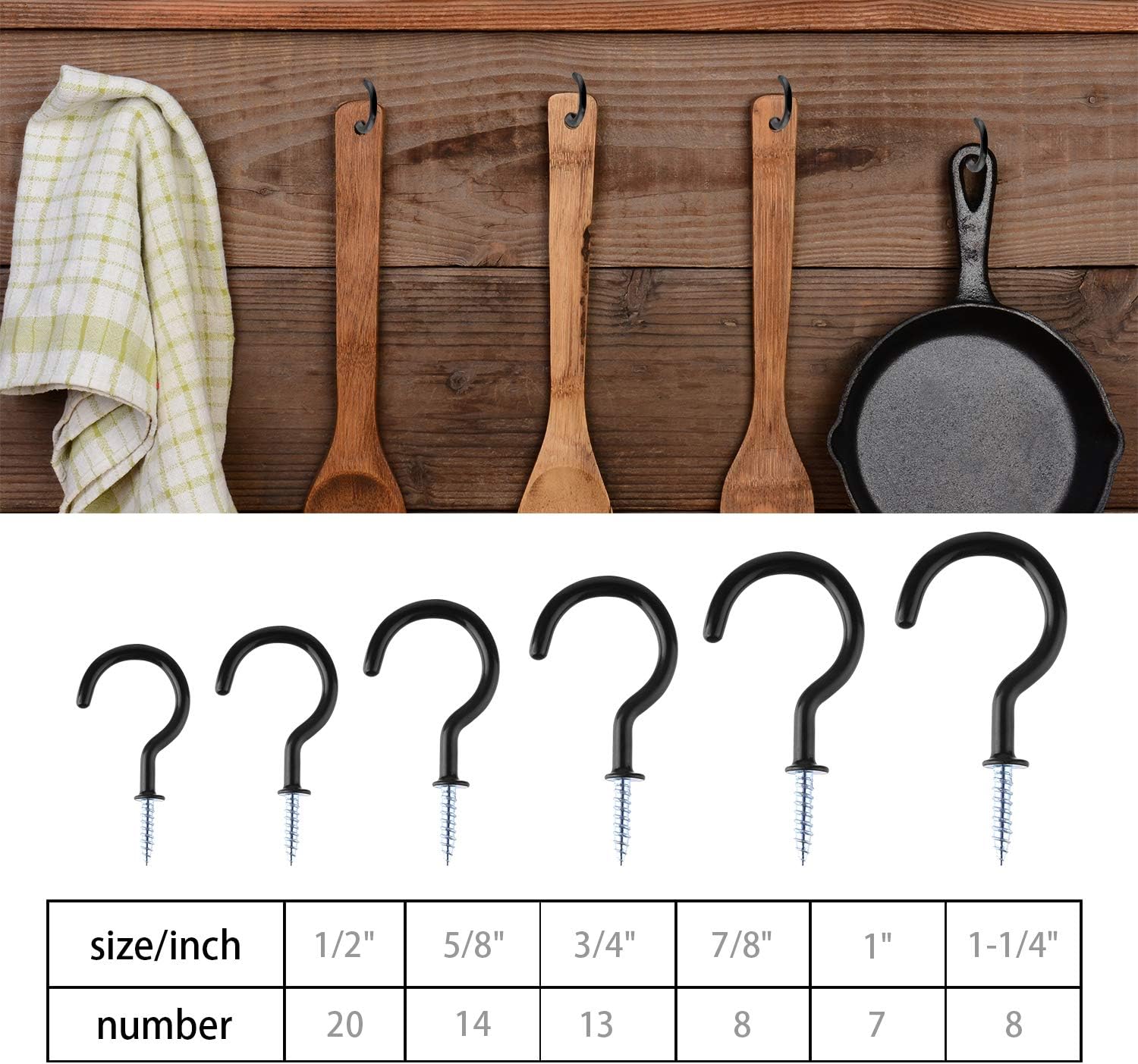 ASTARON 70 Pcs Mutli-Size Vinyl Coated Cup Hooks Metal Screw-in Hooks for Hanging Coffee Cup Plants, Black