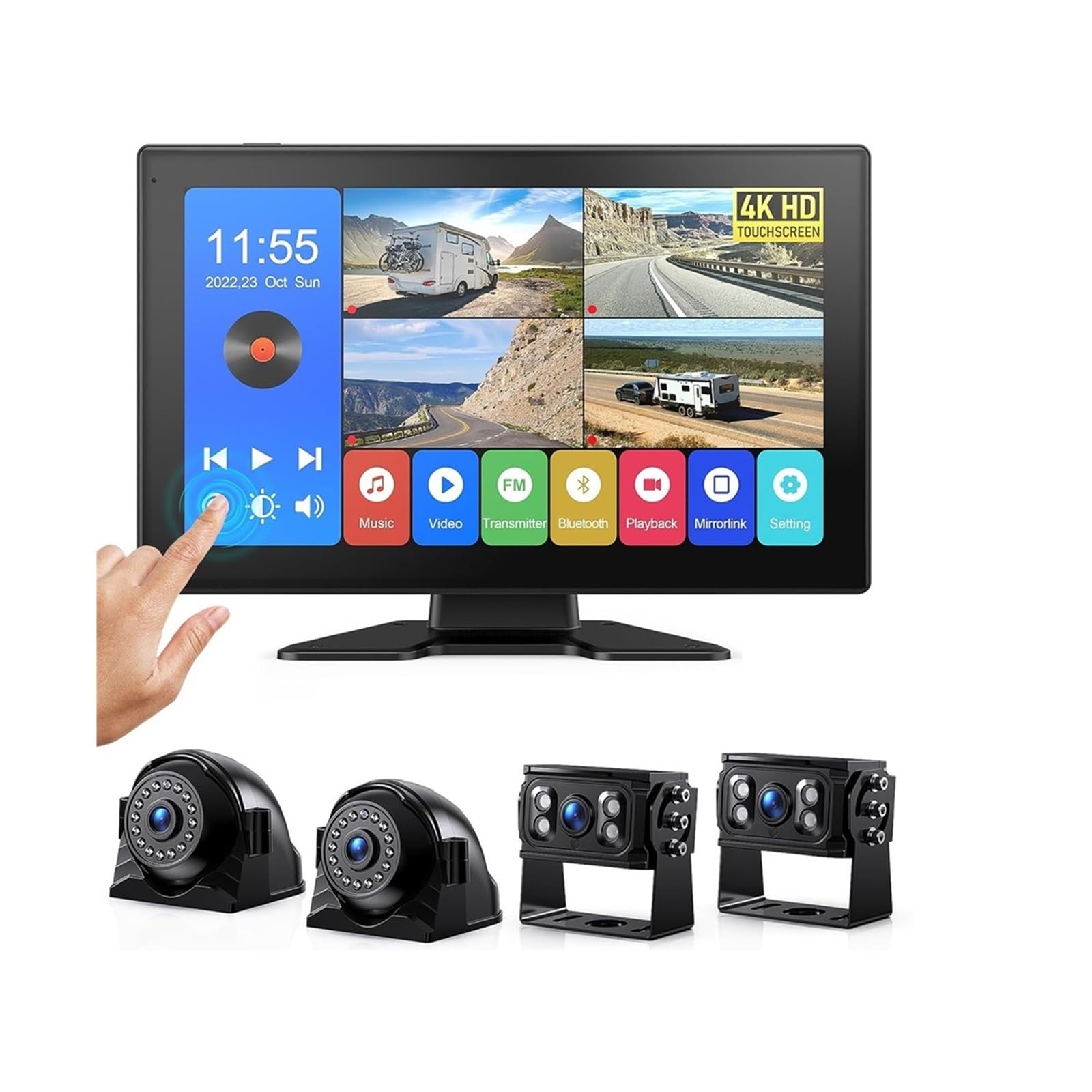 Monitor de pantalla táctil dividida de 10,1 "4k 4CH, cámaras de visión trasera de 1080P, grabación DVR, Bluetooth, música, visión nocturna for camión RV(None)