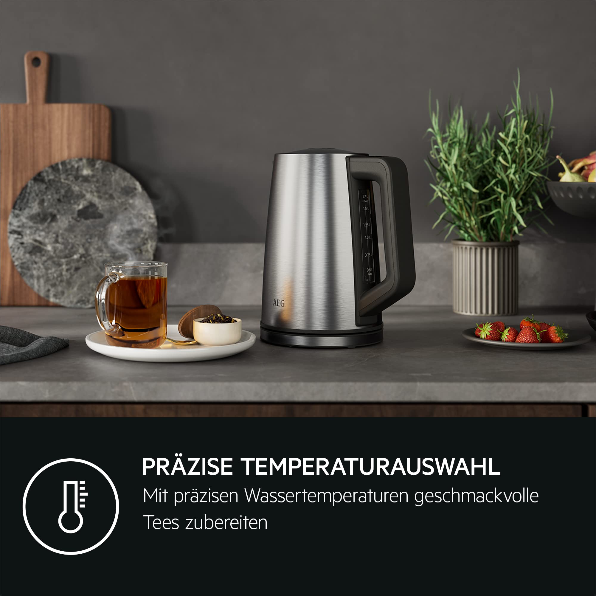 AEG Wasserkocher Deli 5, 2400 Watt, 5 Einstellbare Temperaturstufen, 1,7 l, 3-fache Automatische Sicherheitsabschaltung, Anti-Tropf- und Warmhaltefunktion, Einhand-Deckelöffnung, Edelstahl, K5-1-6ST