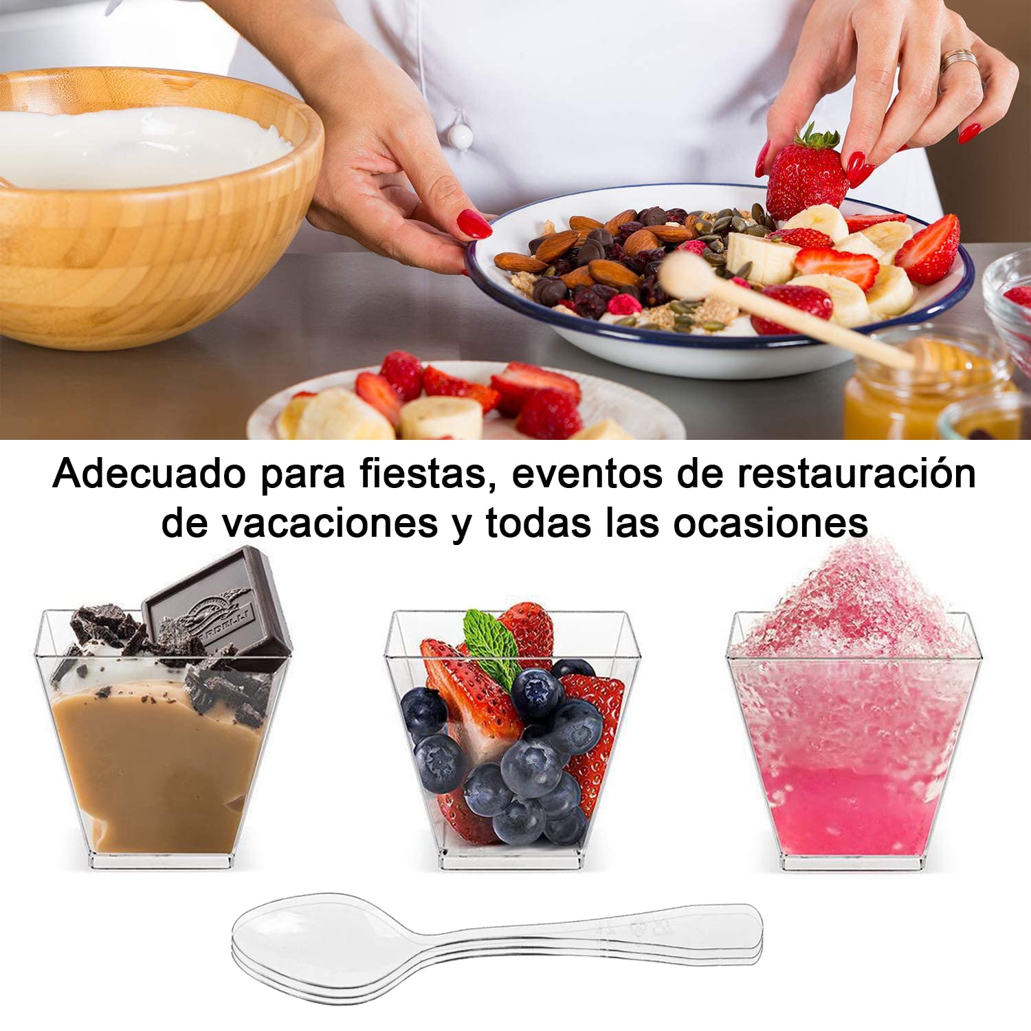 50 Vasitos De Postre Transparentes Con Cucharas - 160 Ml, De Poliestireno, Para Pudín, Helado, Mousse, Fiestas Y Buffets