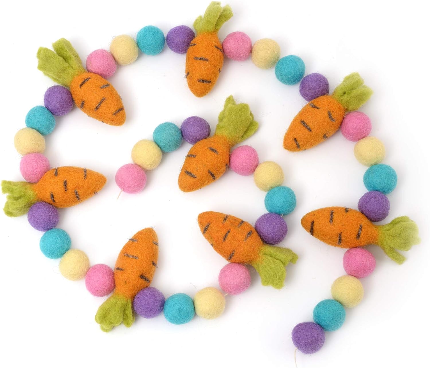 Glaciart One Felt Ball & Carrot Garland - Fun Party Decorations for Easter, Spring & Birthdays - Home Decor for Living Room, Bedroom, Baby Room - 100% Natural Wool Pom Poms with Cotton String - 9 Ft.
