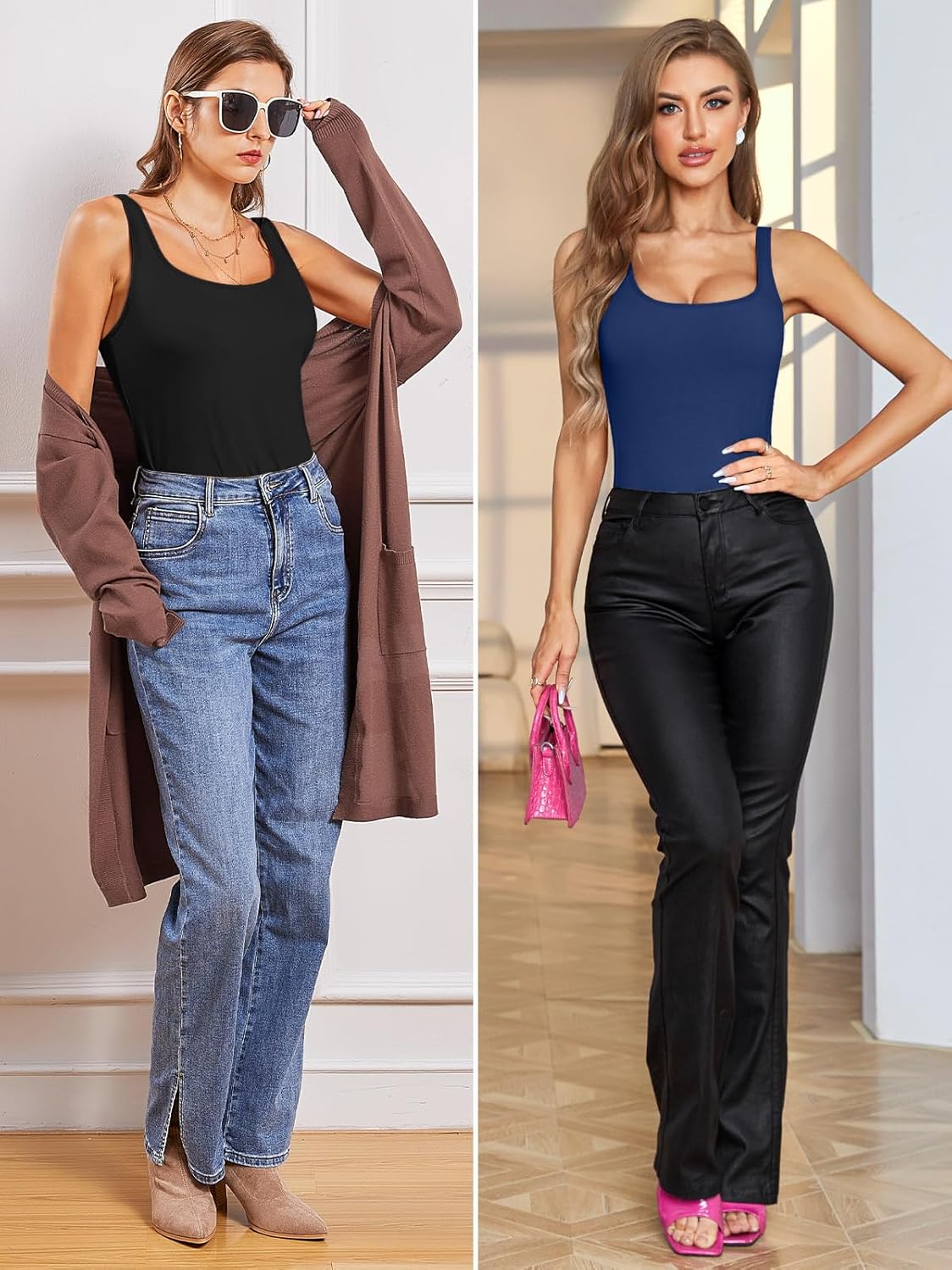 V FOR CITY Tank Top for Women with Shelf Bra Cotton Adjustable Wide Strap Camisole Basic Cami Shirts 2 Pack - Image 5