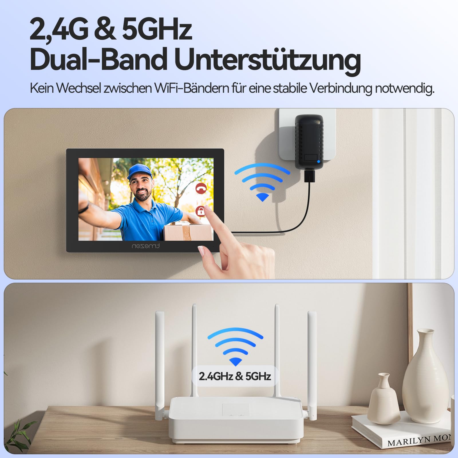TMEZON WLAN Kabellose Video Türsprechanlage mit 7" Touchscreen, Türklingel mit Kamera & Solarbetrieb, 1080P HD, 160° Weitwinkel, Zwei-Wege-Audio, PIR-Bewegungserkennung, App-Steuerung,2,4/5GHz WiFi