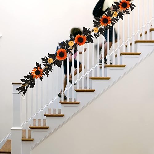Miniatura 7 de 2 guirnaldas artificiales de hojas de arce, guirnalda de hojas de arce negro de 6 pies con calabaza y girasoles, vides colgantes de hojas negras