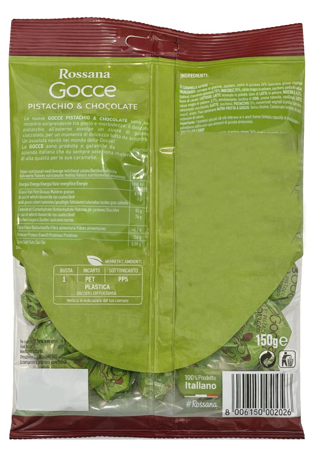 Rossana Gocce Pistachio e Chocolate Caramelle Ripiene al Pistacchio e Cioccolato 150g [BOX da 10 Confezioni]