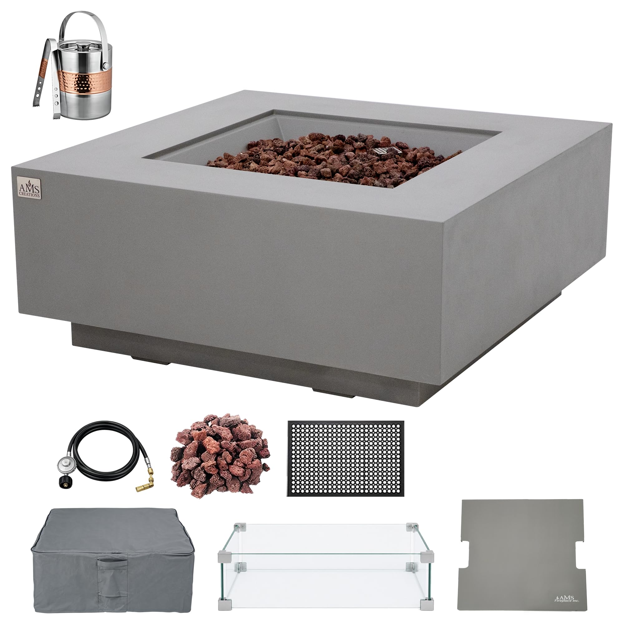 AMS 40" Square Concrete GFRC Natural Gas Fire Pit Table Bundle - Light Gray
