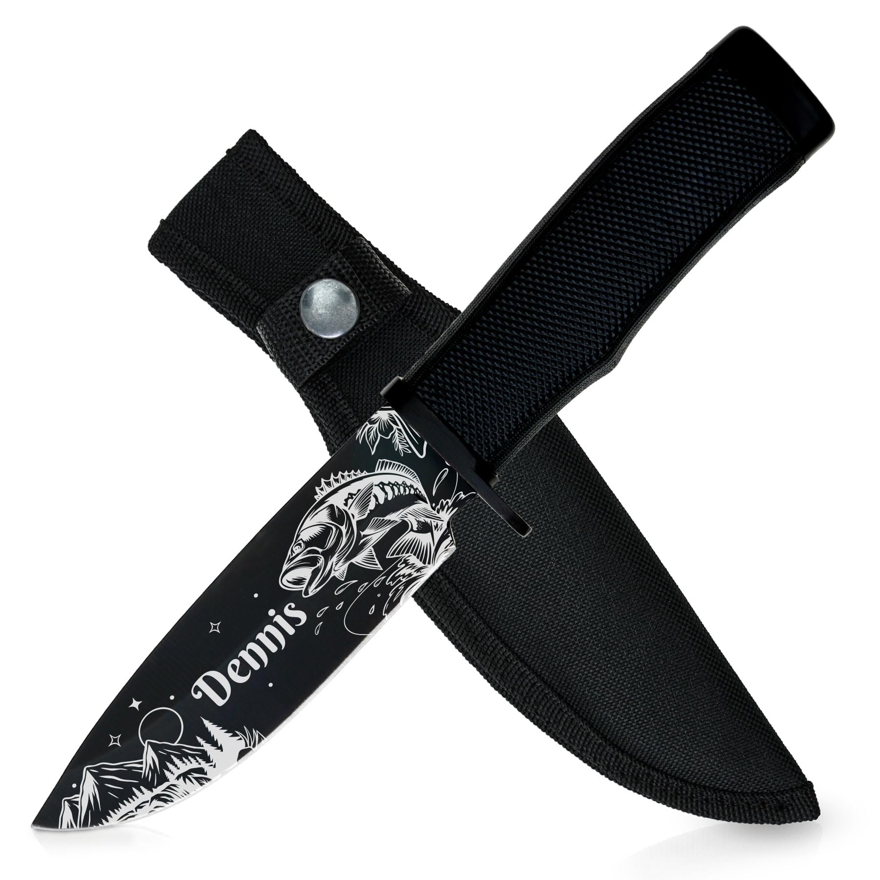 Schwarzes personalisiertes Angelmesser – Geschenk für Angler mit Gravur – Outdoor- und Campingmesser mit Messerscheide (ohne Ständer)