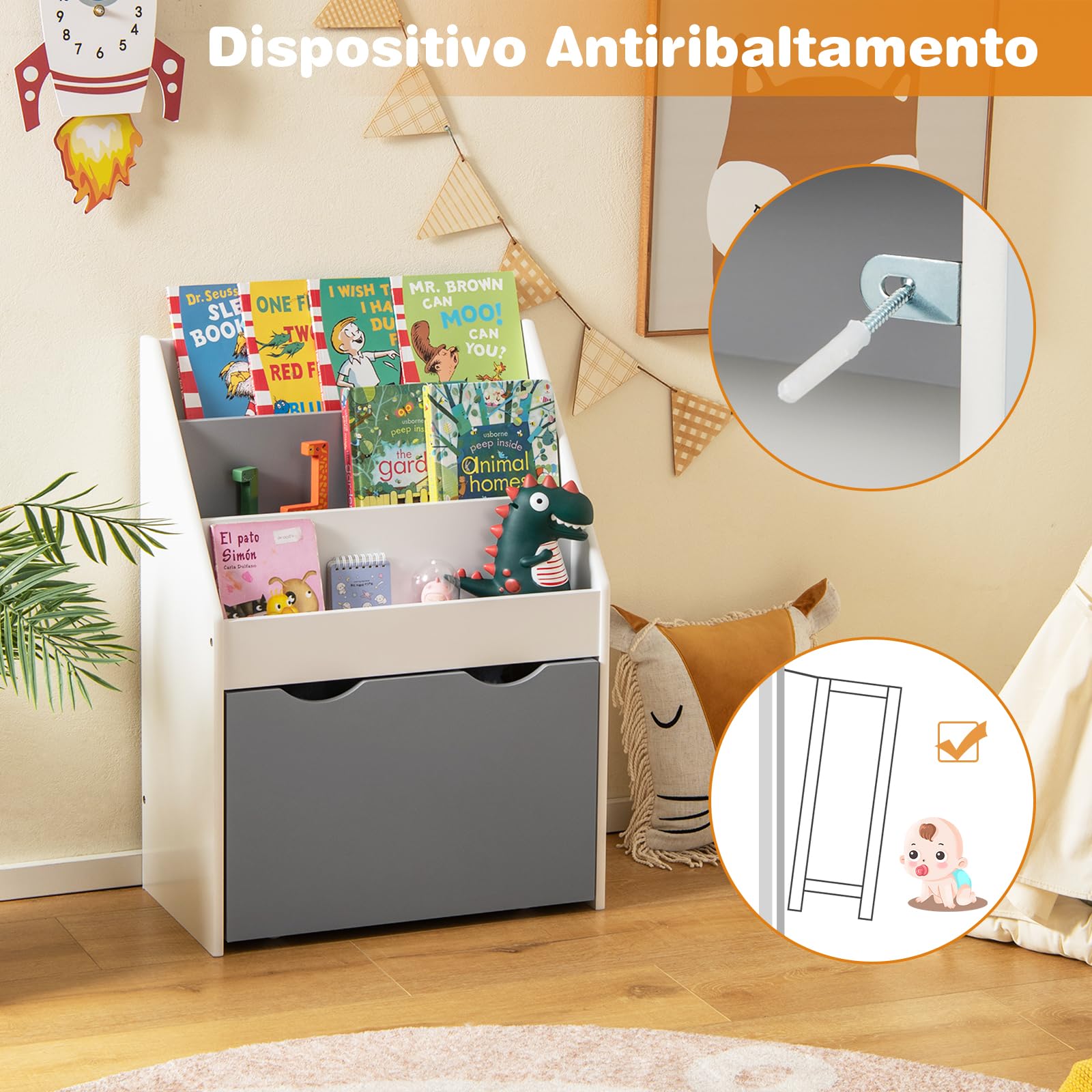 COSTWAY Libreria Montessoriana per Bambini, Scaffale per Libri a 3 Livelli con Cassetto Inferiore e 4 Ruote, per Cameretta, Stanza dei Giochi e Asilo, 50 x 28 x 70 cm, Grigio e Bianco