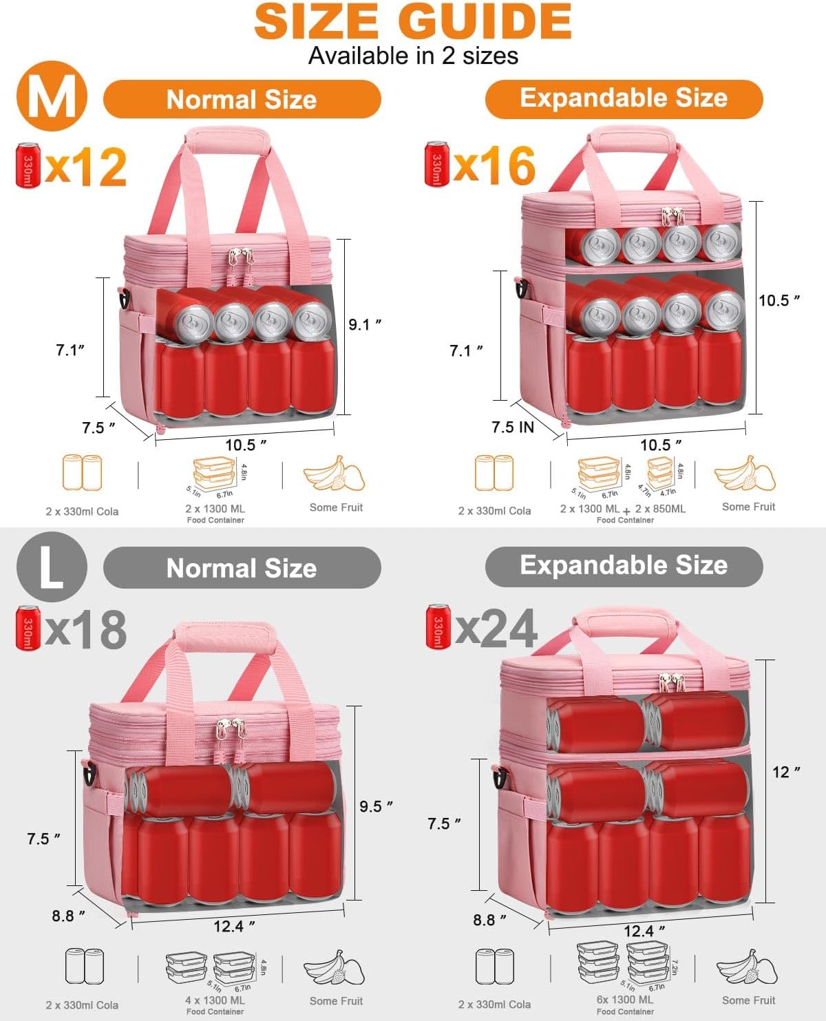Lunch Box For Men Women Double Deck Insulated Lunch Bag For Men Woman Leakproof Expandable Cooler Bag with Adjustable Shoulder Strap for Work Picnic School(Pink,Medium) thumbnail