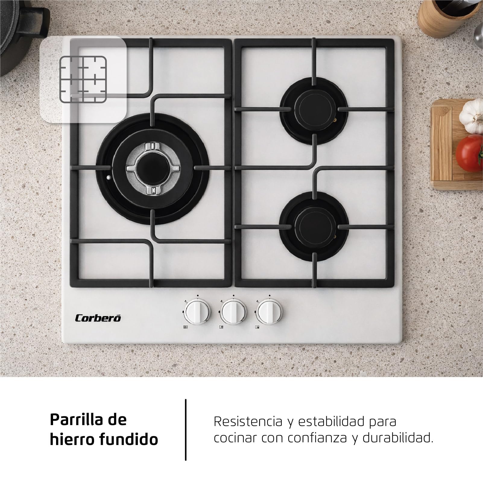Corberó - Plaque gaz butane 60 cm | CPCGM3F3126W | Puissance 6,05 kW | 3 zones | Zone Wok | Auto-allumage | Couche de protection Clean+ | Arrêt automatique | Verre blanc