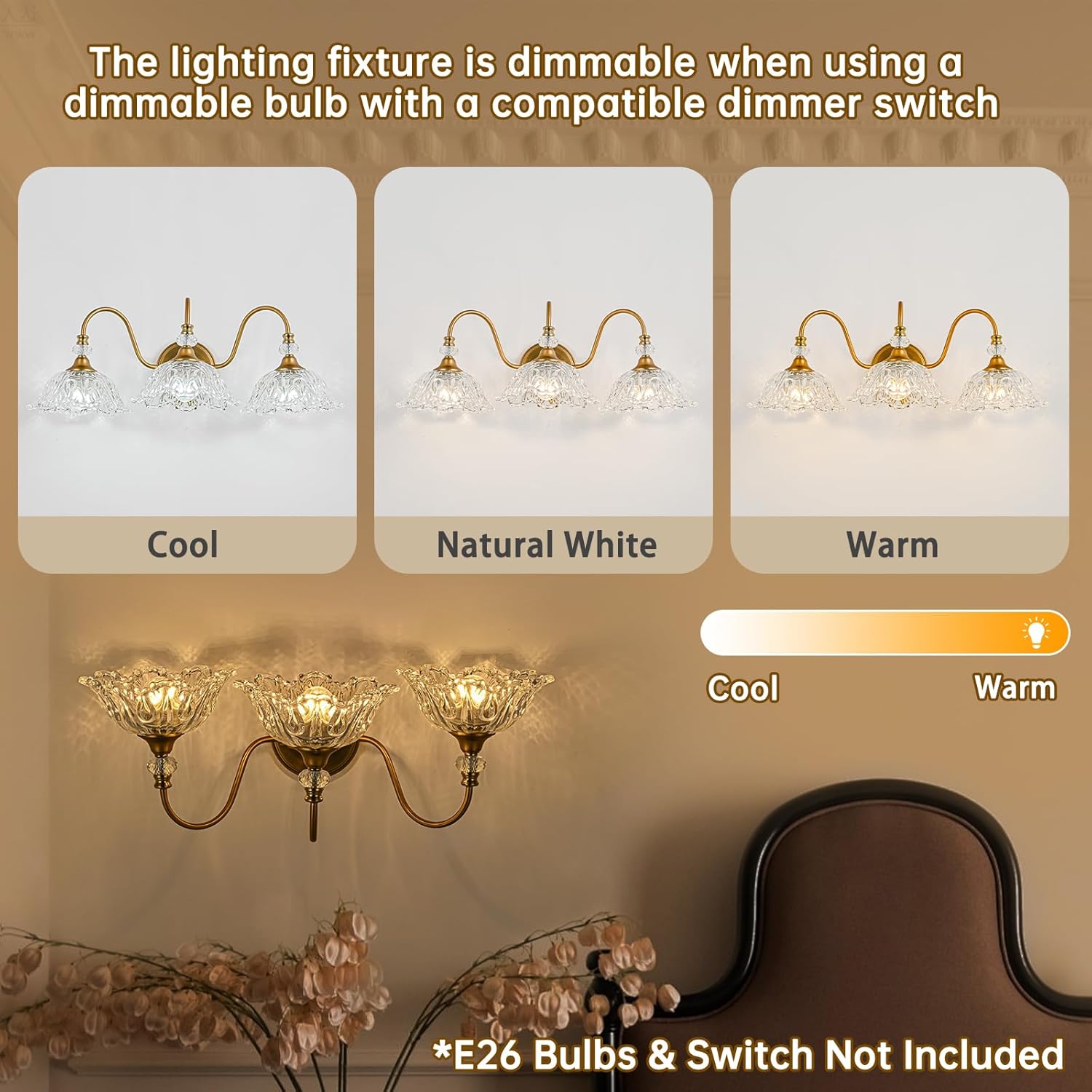 Vintage Bathroom Vanity Light, 3-Light Matte Brass Finish Vanity Light with Floral Clear Glass Shades, Retro Wall Sconce for Bathroom, Dressing Table