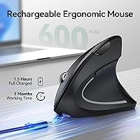 Vista 3 de TECKNET Ratón ergonómico, mouse Ergo vertical recargable inalámbrico 800-4800 niveles, 5 DPI ajustables, silencioso 2.4 GHz óptico túnel carpiano