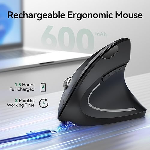 Miniatura 3 de TECKNET Ratón ergonómico, mouse Ergo vertical recargable inalámbrico 800-4800 niveles, 5 DPI ajustables, silencioso 2.4 GHz óptico túnel carpiano