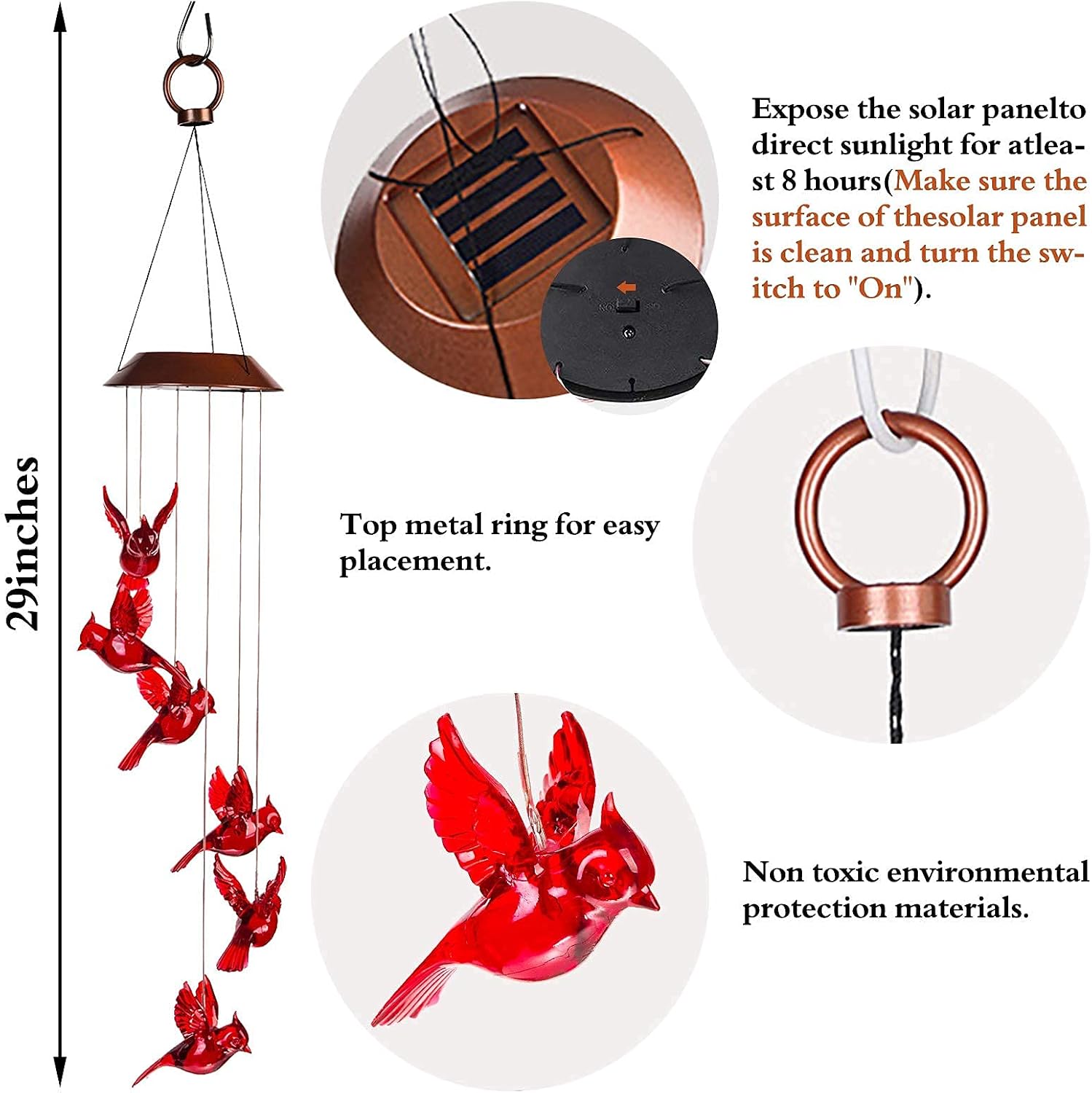 Rjdelpy Cardinal Bird Wind Chime Solar Powered Wind Chimes Spiral Spinner Windchime Portable Outdoor Chime Lights Outdoor Decoration Solar Hanging Lights for Patio, Deck, Yard, Garden
