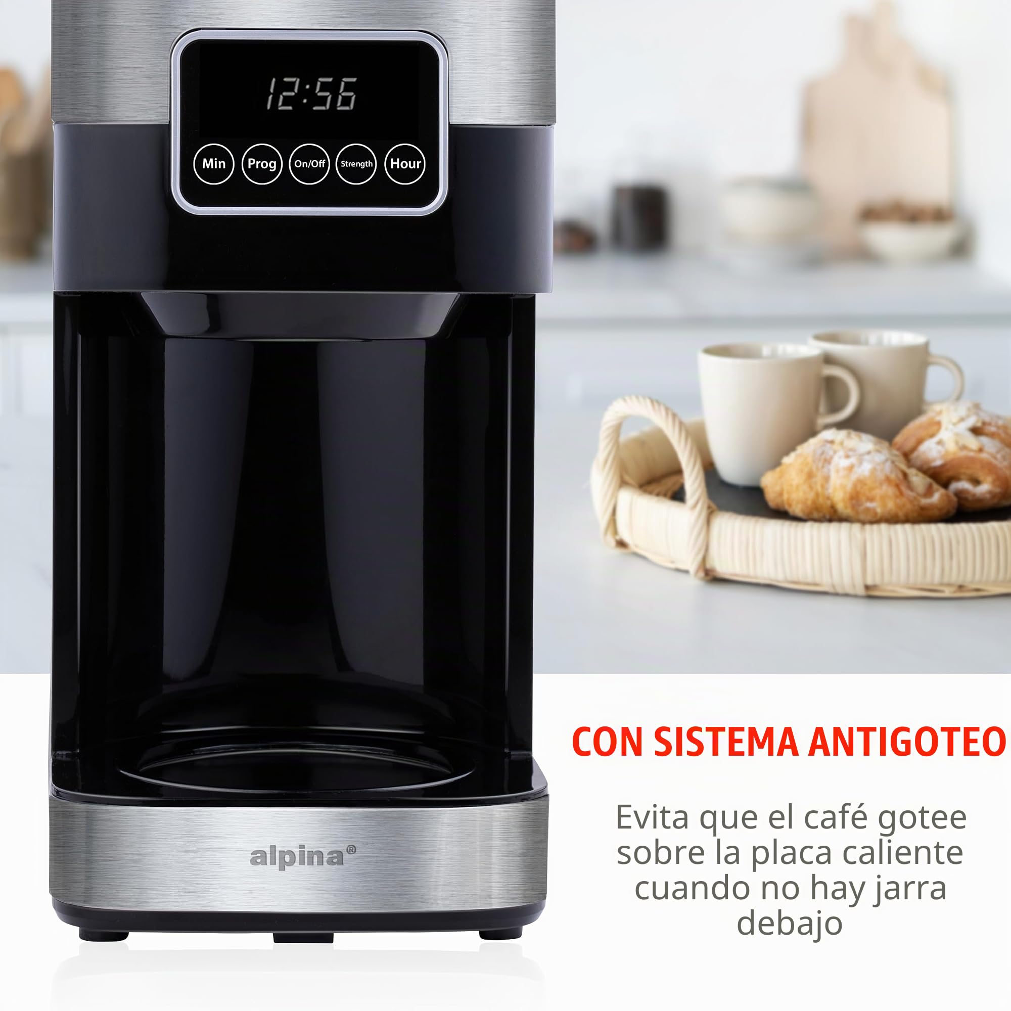 alpina Cafetera de Filtro - Máquina de Café 1.5L/ 12 Tazas de Café de Filtro - Cafetera con Pantalla Digital, Temporizador y Placa Calefactora - Intensidad del Café Ajustable - Negro