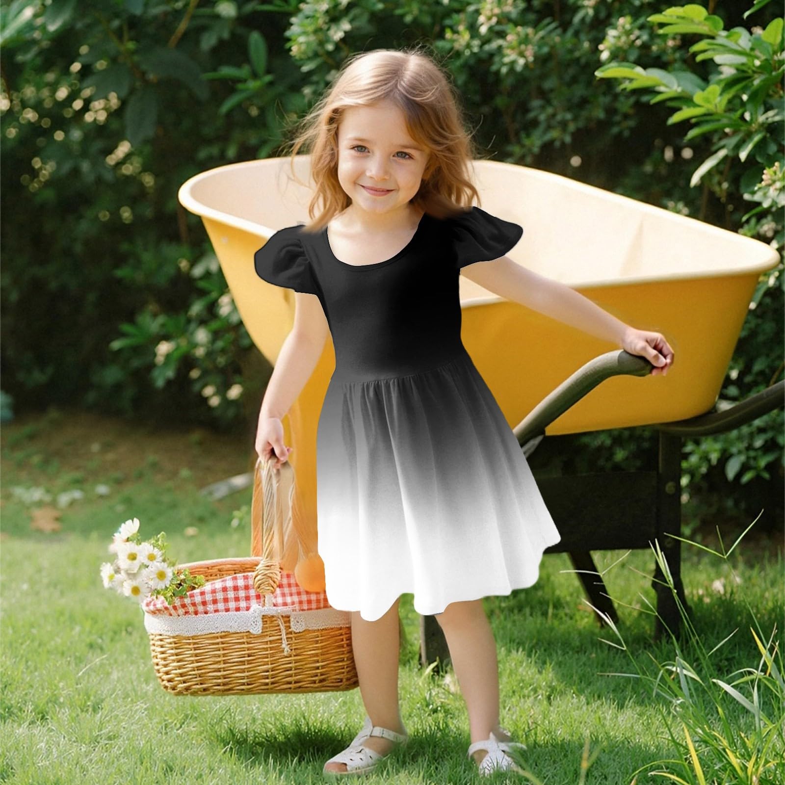 Girls Boho Summer Dress Ruffle Sleeve Crew Neck Casual Floral Party School Graduation Dresses for Kids Black 4-5 Years