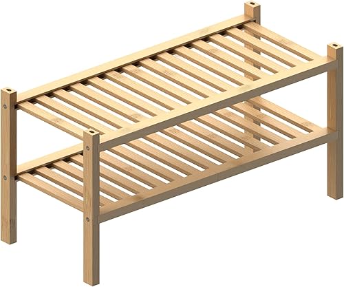 Miniatura 7 de (Zapatero de bambú grueso para entrada, zapatero de 2 niveles de pie, organizador de zapatos apilable para pasillo, armario, sala de estar, 27 x 12