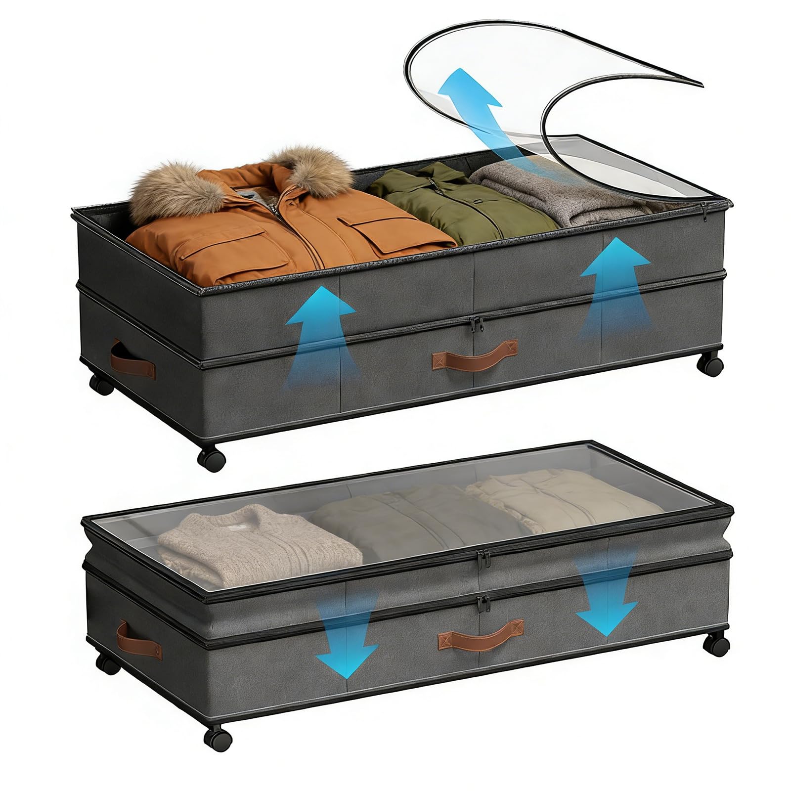JAOGAUS Cajones de almacenamiento de cama con ruedas, paquete de 2 unidades, 72 L, XXL, ajustables, 25 cm de altura con tapa, caja de almacenamiento de dormitorio que ahorra espacio para ropa, zapatos