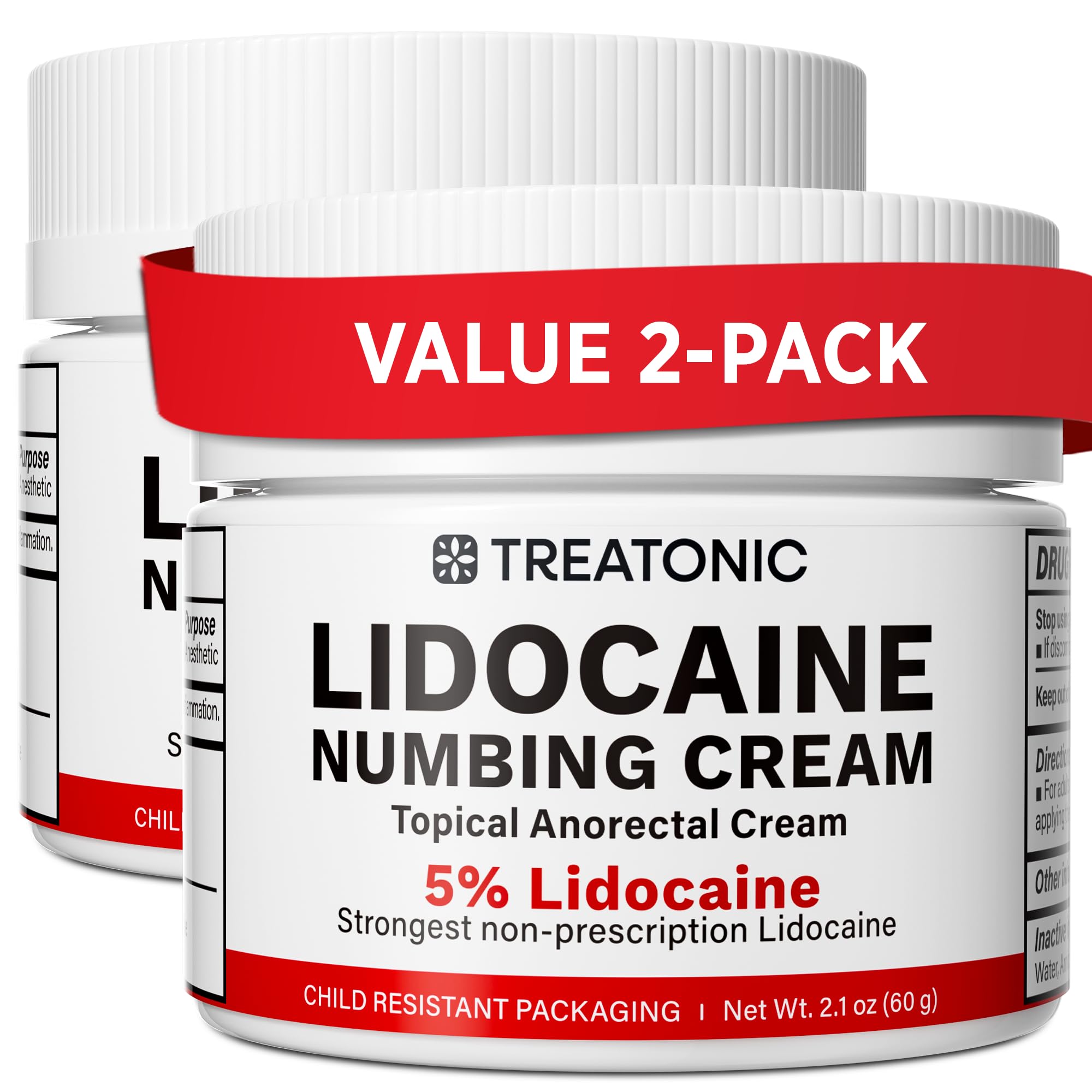 Treatonic 5% Lidocaine Numbing Cream: Lidocaine Cream Maximum Strength for Pain Relief, Itching, Burning, Soreness, Hemorrhoid - Fast Acting &amp; Long Lasting Numbing - 2.1 oz (2-Pack)