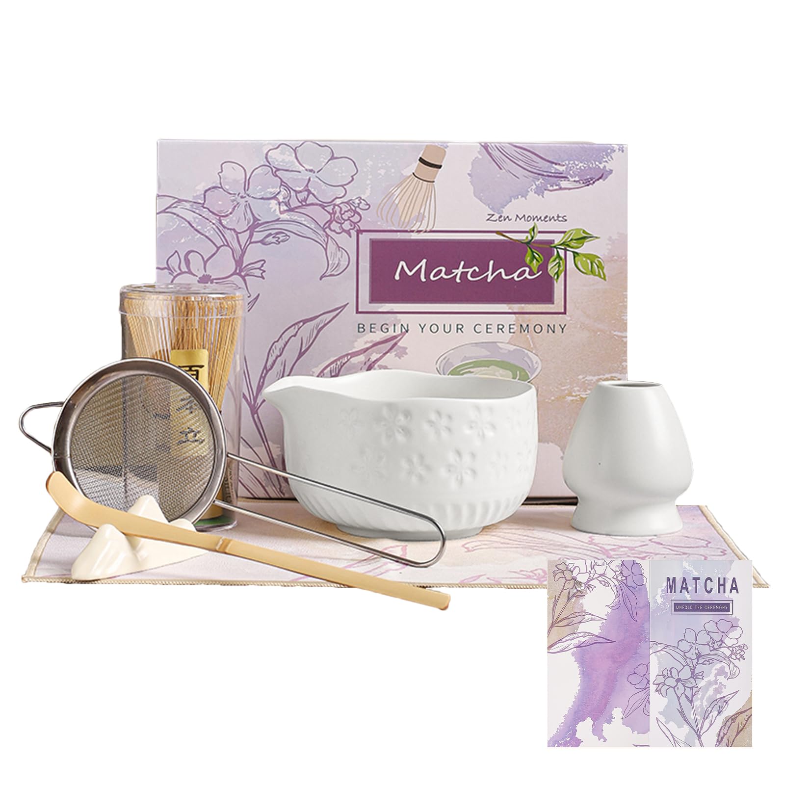 Matcha Whisk Set 7 pcs, Pink Matcha Set, Matcha Tea Set for Making Latte, Japanese Matcha Kit with Traditional Chasen for Authentic Tea Ceremony (White, 7PCS)