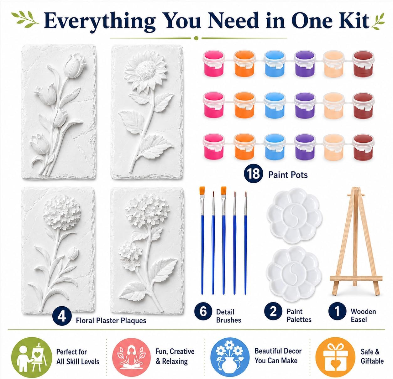 4PCS Plaster Painting Kits- Unpainted Plaster Crafts with 4 Floral Designs, Includes Wooden Easel, Paints & Brushes - DIY Craft Kit for Home Decor, Aromatherapy Diffuser, Creative Gift (4PCS)