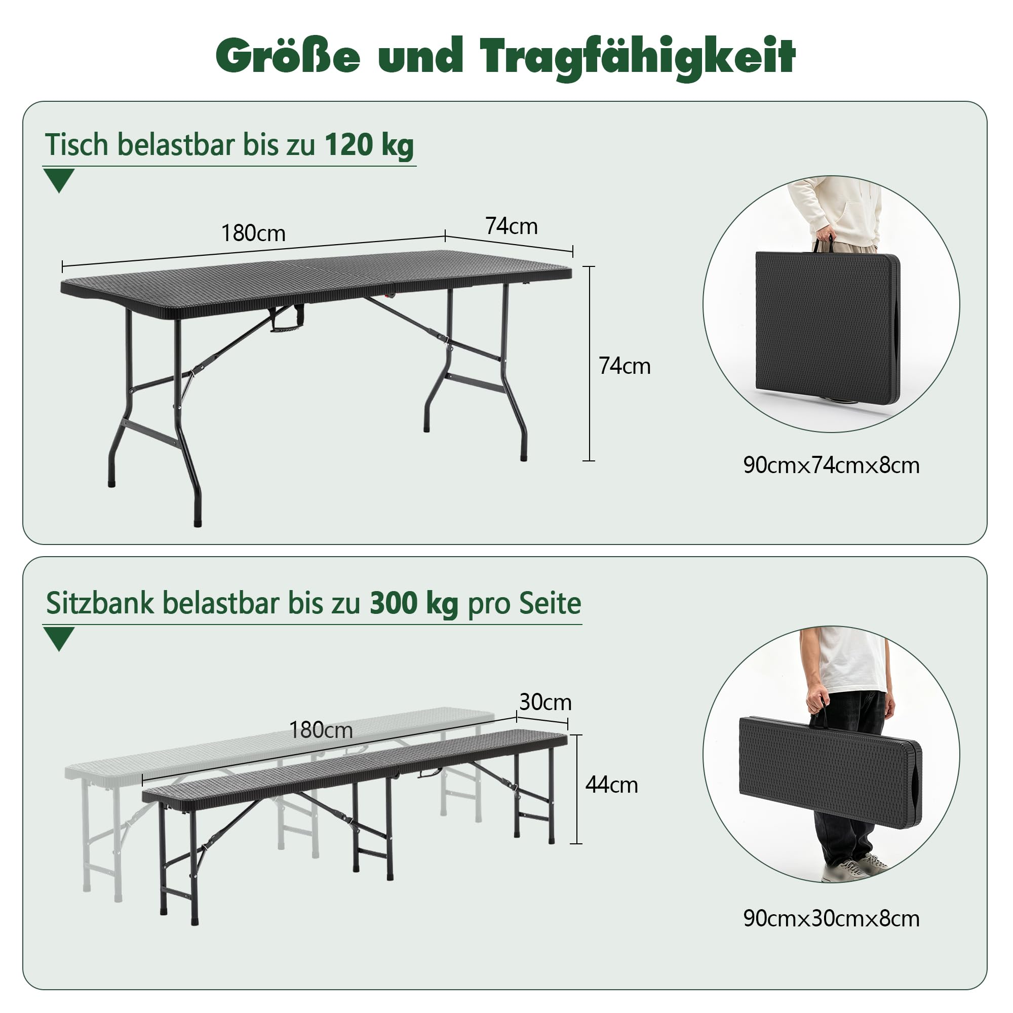 Thanaddo Buffettisch Gartentisch Bierzeltgarnitur Tisch, klappbar 3-teilig Set, 180x74 cm Kunststoff Campingtisch, Rattan-Look für bis zu 8 Personen, robuste wetterfest Biertisch Set, Anthrazit