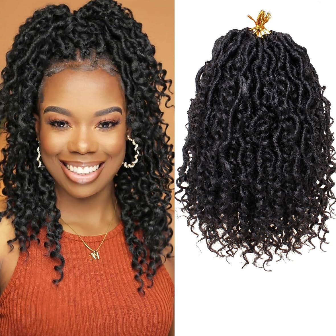 Kachanaa 14 Inch Pre-Looped River Locs Crochet Hair with Curly Ends 8 Packs Black Goddess Faux Locs Crochet Hair 14 Strands/Pack Synthetic Bohemian Locs for Woman /1B#