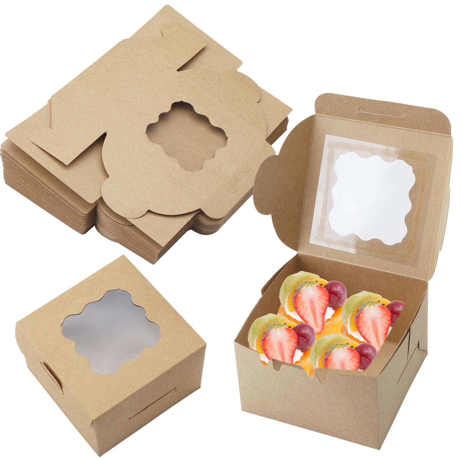 Lonwiner Set di 10 scatole di carta Kraft marrone con finestra trasparente scatola da torta 15 x 15 x 7,5 cm, scatola da pasticceria per biscotti e torte