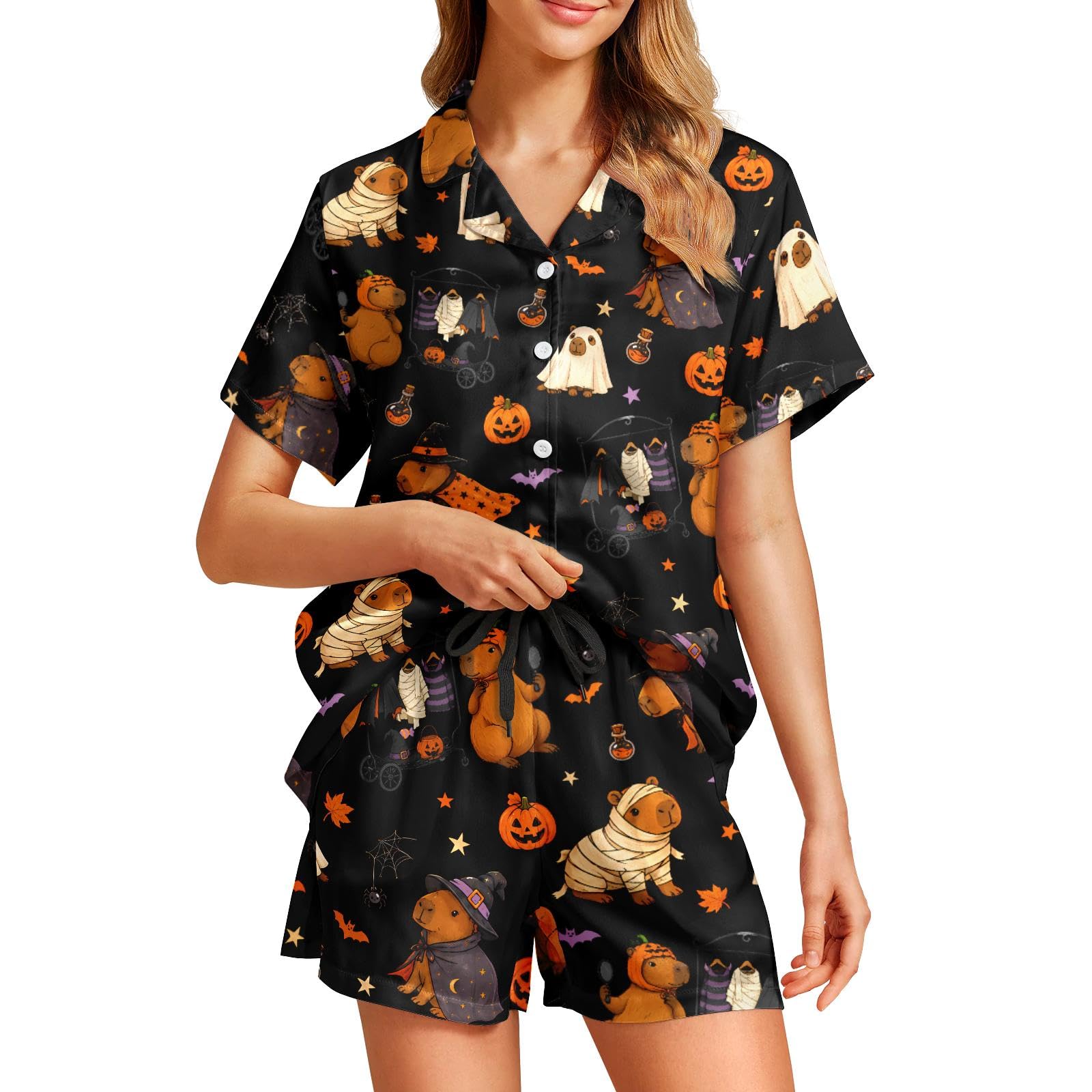 Funny Pajamas for Women Set Print Satin Loungewear Pjs Short Sleeve Button Down Top and Shorts Sets Sleepwear XS-3XL