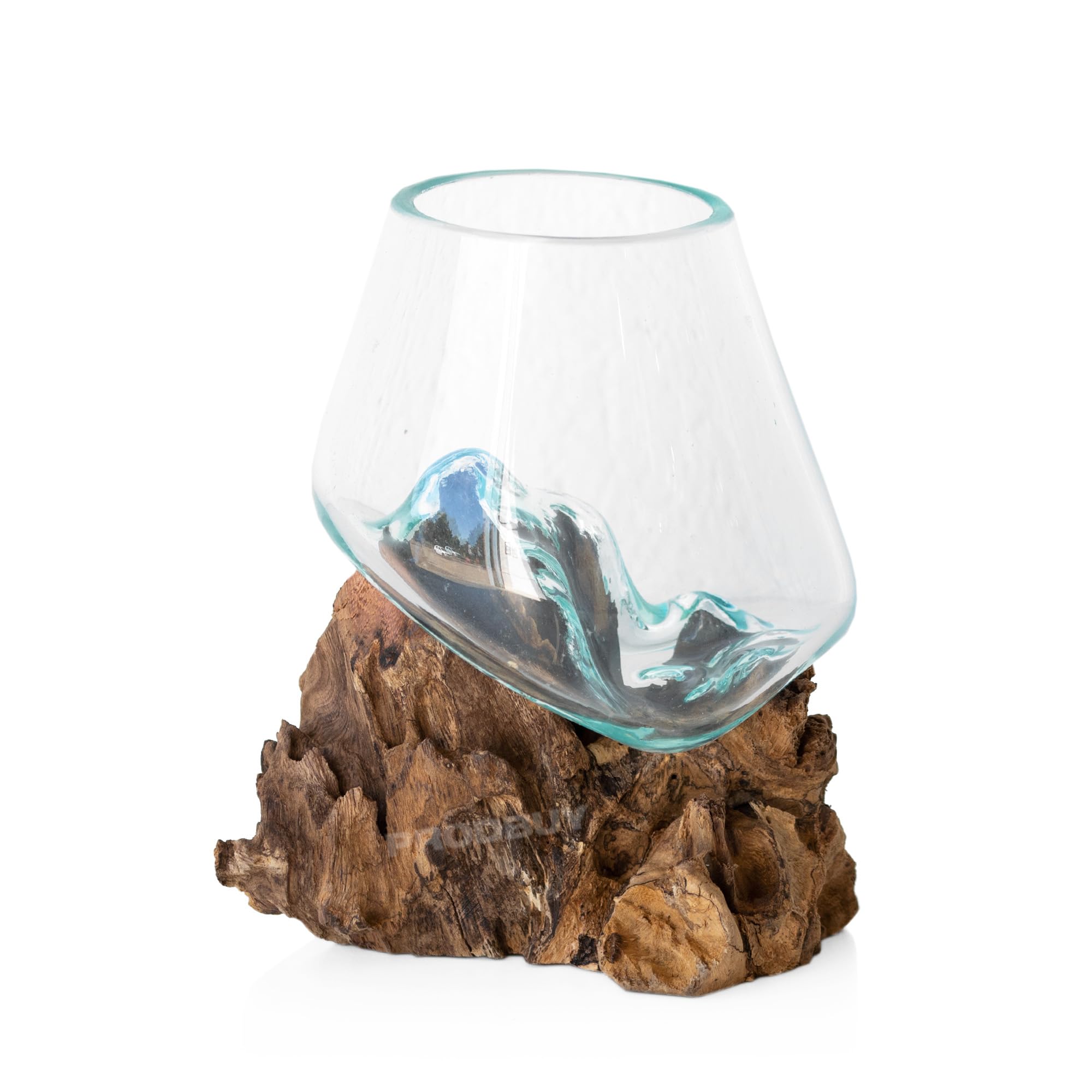 Prodbuy Molten Glass Vase on Teak Root Wooden Base Small 10cm
