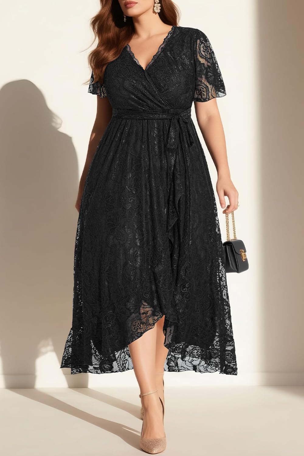 Plus Size Dresses Wedding Guest - Formal Cocktail Party Long Lace High Low Wrap V Neck Dress - Image 3