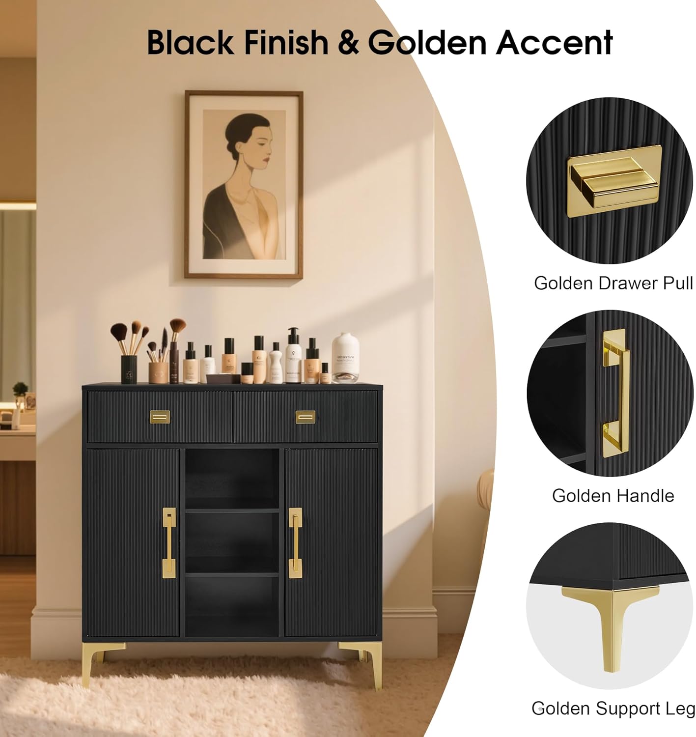 BarberPub Fluted Barber Station for Storage, Modern Beauty Salon Cabinet with Drawer & Open Space, SPA Freestanding Organizer 3161 (Black)