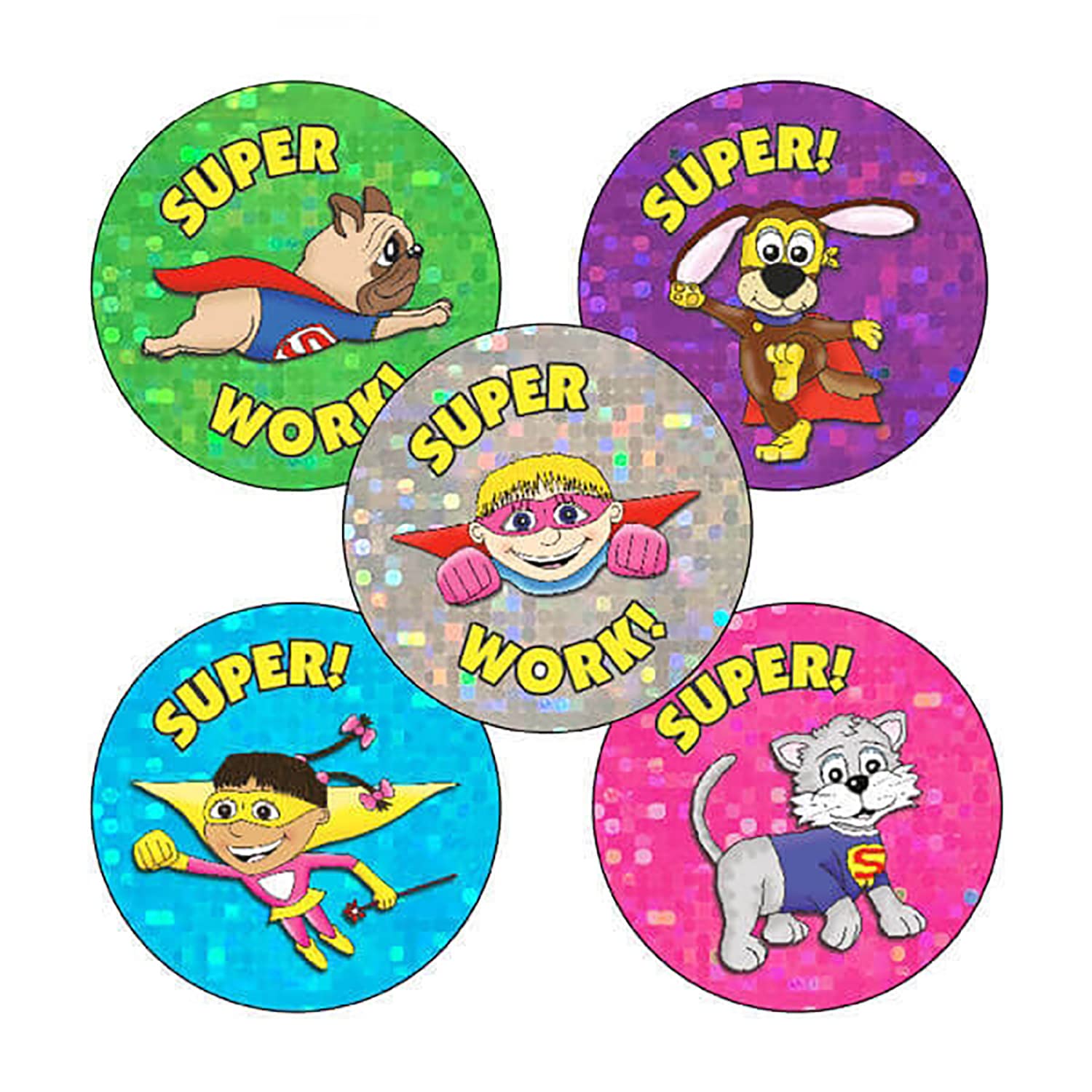 150 Mixed Holographic Sparkly Motivational Superhero Great Work Childrens Pupils School Praise Teachers Reward Stickers 25mm Primary Teaching Services