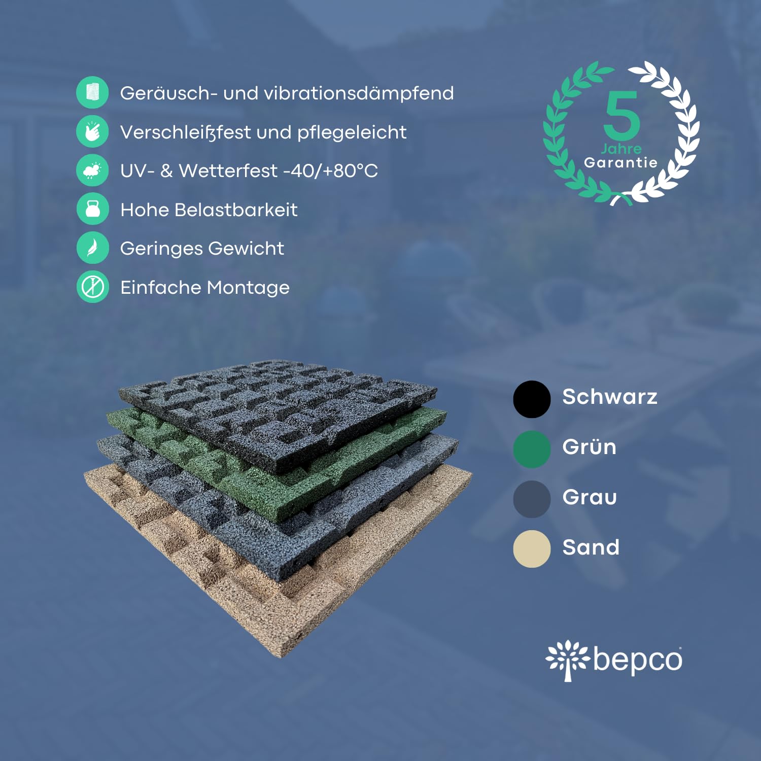 bepco Fallschutzmatte 4er Set - Gummimatte, Bodenmatte, stoßdämpfend & rutschfest, mit 16 Verbindungsstiften, aus recyceltem Gummi, für Wege/Terassen/Spiel &-Sportanlagen (Grün, 40 x 40 x 2,5cm)