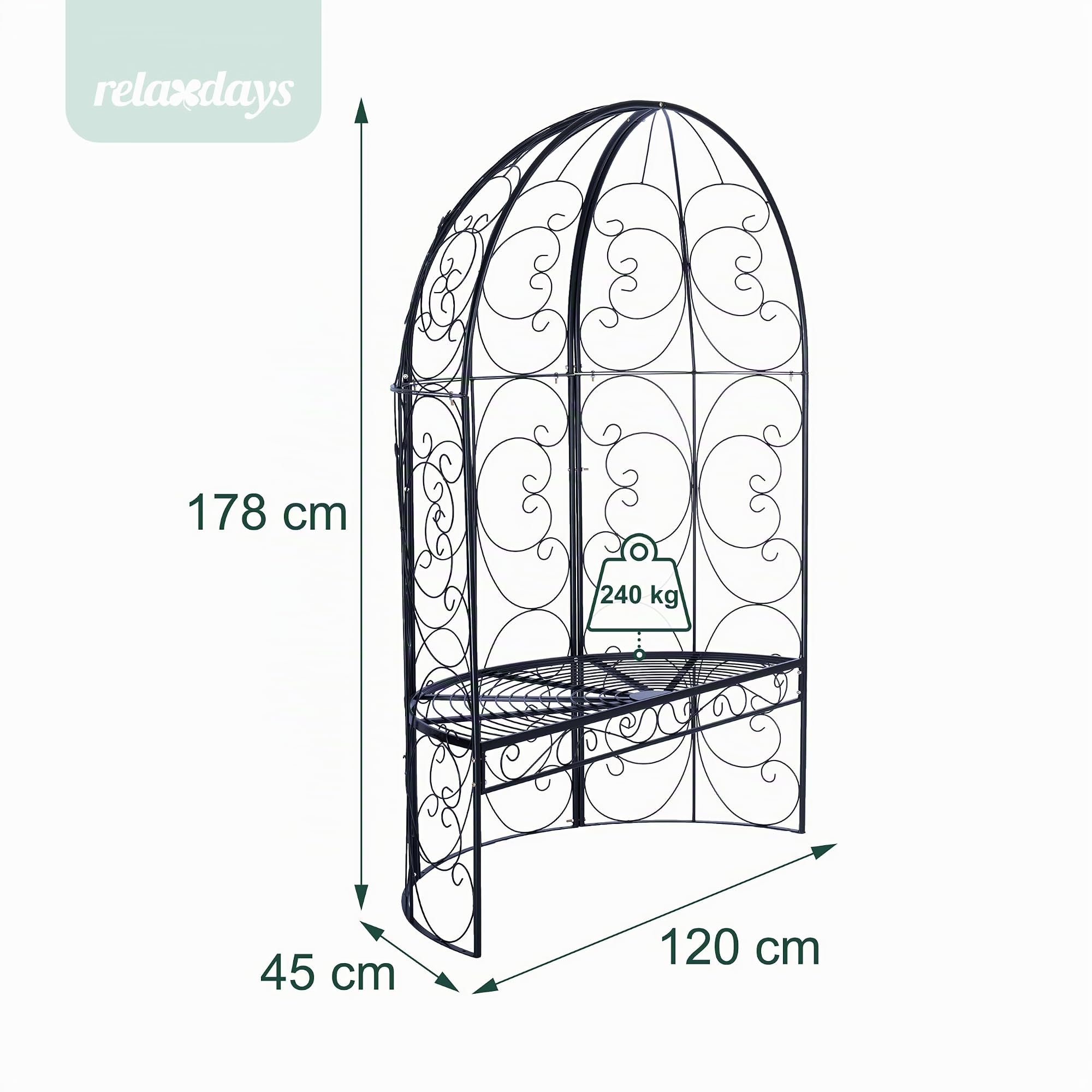 Relaxdays Gartenbank mit Rankpavillon, Laubenbank bis 240 kg, schwarz