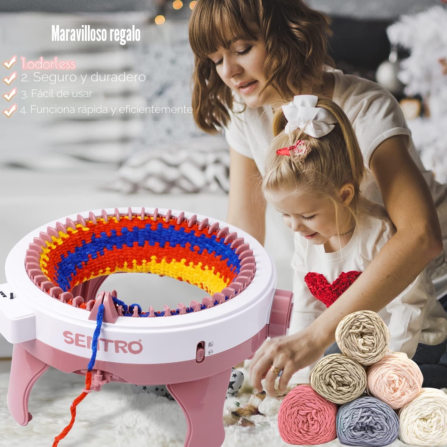 Máquina de tejer circular de 48 agujas para adultos y niños, máquina de telar para tejer bufandas, sombreros, calcetines y guantes (rosa)