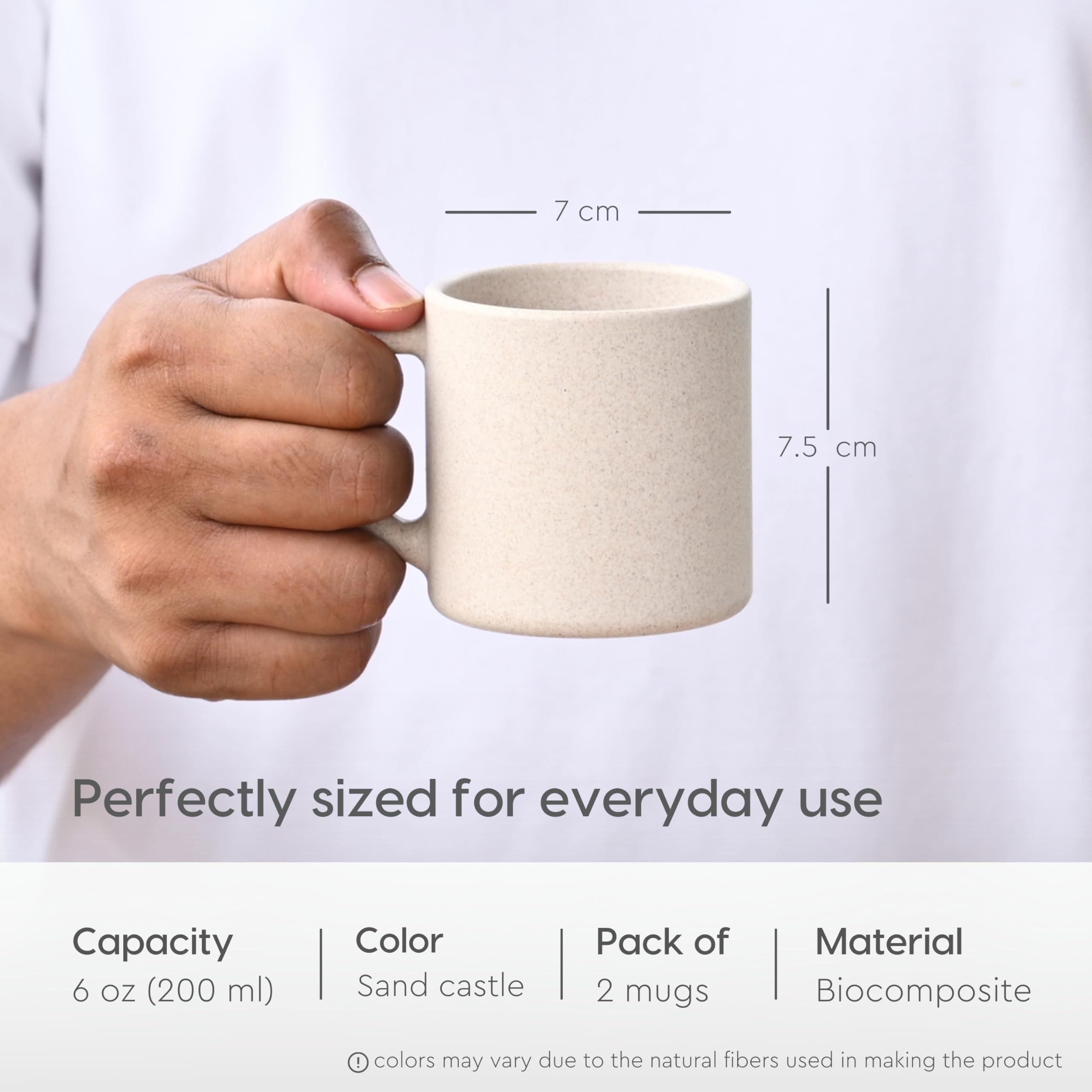 Eha Earth-Friendly Comfy Coffee Cup Set of 2 | 6.7 oz | Made with Rice Husk & Bamboo Fibers | Microwave Safe | for Hot & Cold Coffee Mug, Tea & Milk | Natural Matte Finish (Pack of 2,Sand Castle)