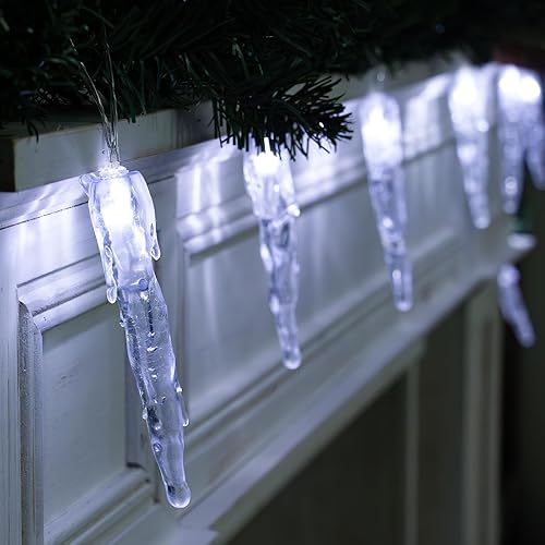 Rhytsing Luces de carámbano de 18 pies, 10 luces LED de carámbano, luces de cadena de hielo de cristal para decoración de Navidad, luz blanca cálida