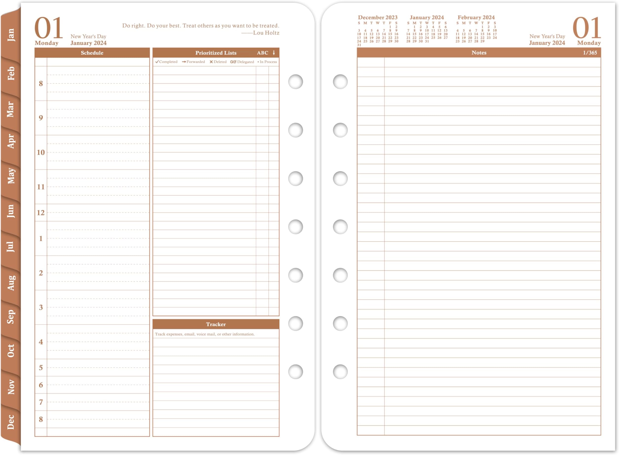 2024 Planner Refills โ Jan - Dec 2024, Two Pages Per Day Daily ๏ผ Monthly Planner, 5.5" x 8.4" Ring-Bound Organizer, Tabs, Quotes, Prioritized Task, Daily Tracker/Notes, Appointment Schedule - Brown