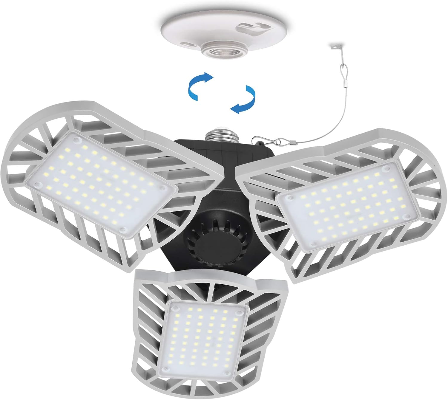 hansang Deformable LED Garage Light, E26 Base 6000LM LED Ceiling Garage Lamp,60W 6000K Daylight 3 Adjustable Die-Casting Aluminum Panels 360 Degree for Shop,Barn,Attic,Warehouse (NO MotionActivated)